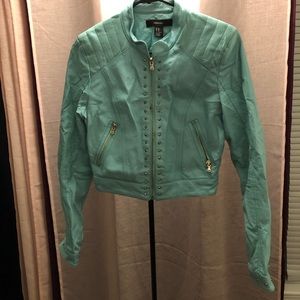 Teal cropped leather jacket